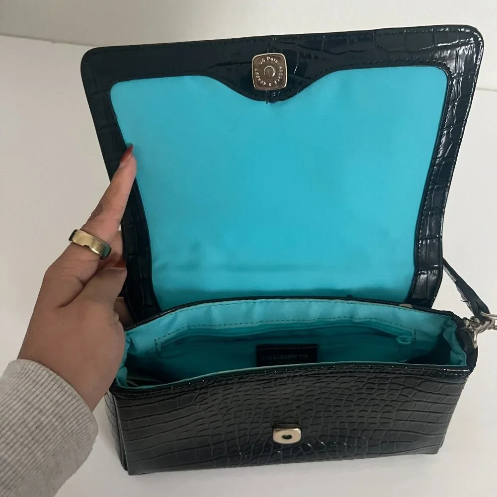 Vintage Liz Claiborne Crocodile Embossed Faux Leather Black Shoulder Bag Purse - Picture 4 of 10